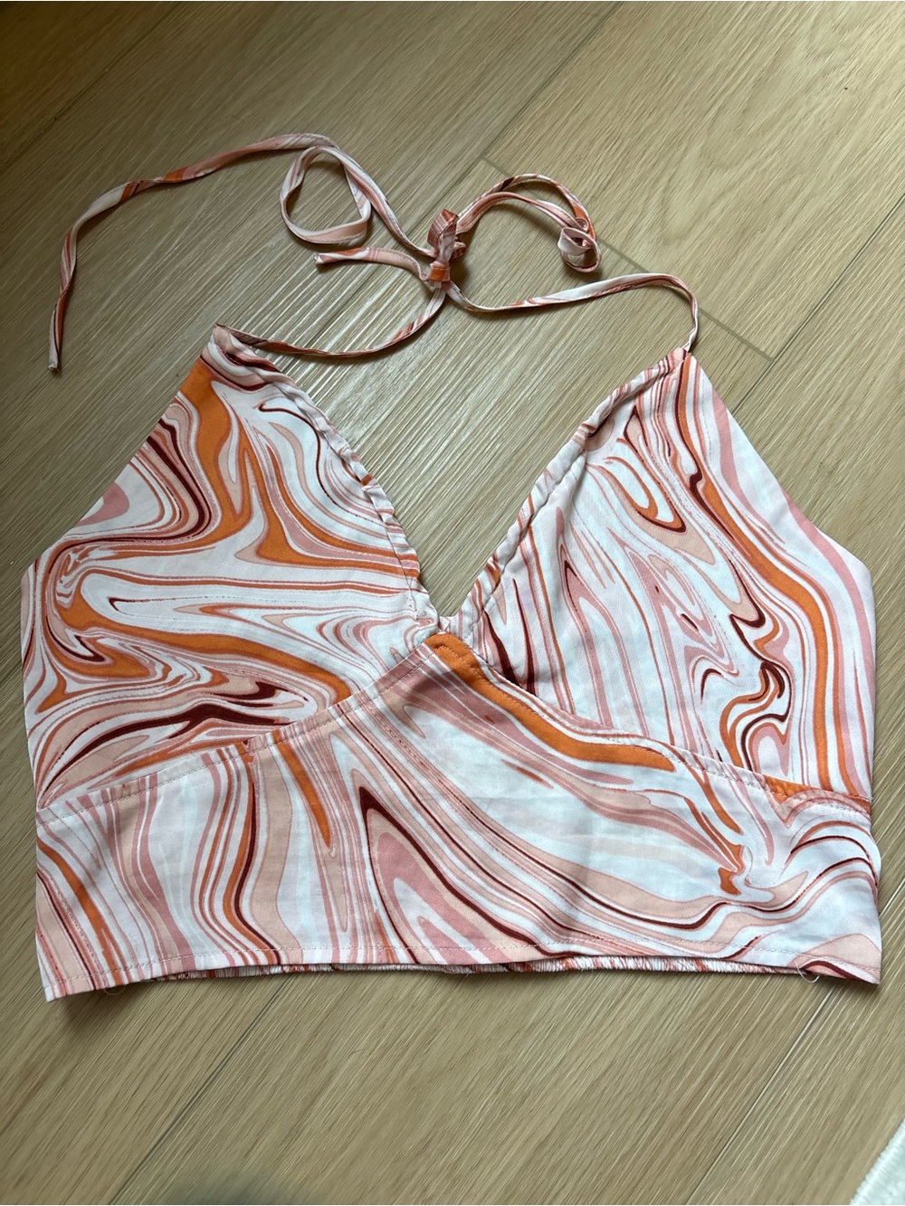 Halter Crop Top Pink & Orange Marble Print Tie Neck EuroSummer Y2K Festival Tank